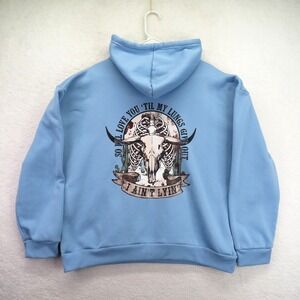 Shein Hoodie Mens‎ XL Blue Pullover Graphic Western Cow Skull Cactus Sweatshirt